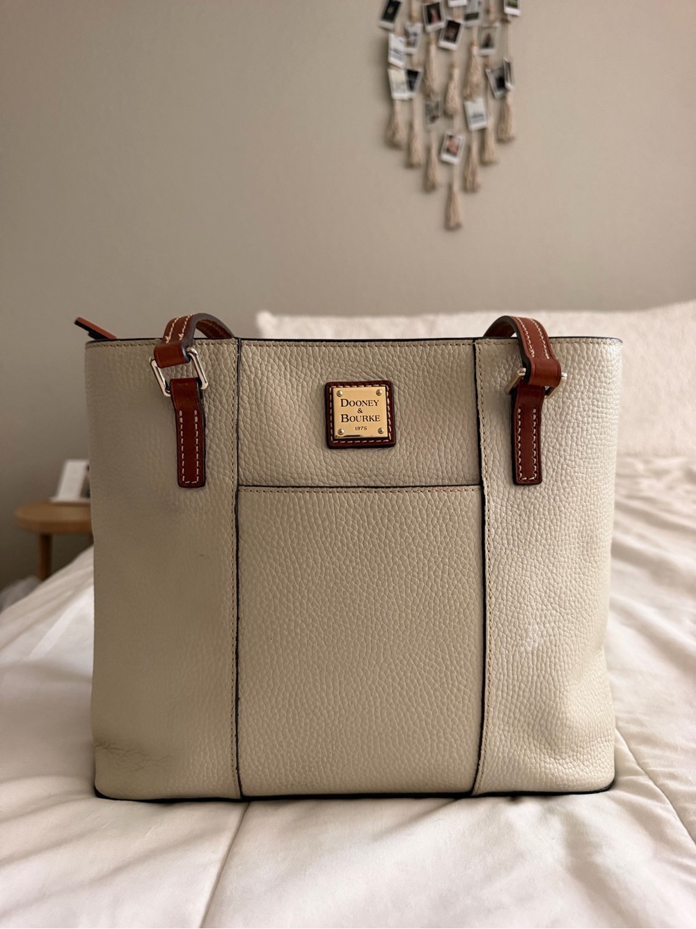 Dooney & Bourke Cream Pebble Leather Tote with Brown Trim and Gold Plate